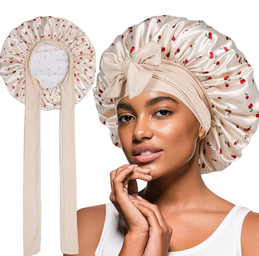 Cherry Print Satin Bonnet – Anti-Frizz Hair Protection – Extends Blowouts